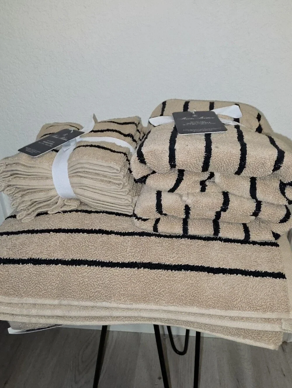 8 Pcs Brooks Brothers, 100% Cotton, Tan & Black Striped Bath Towel Set